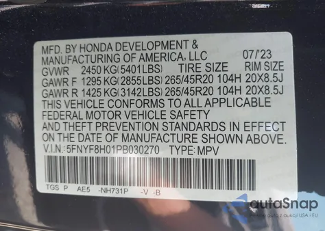 2023 Honda Passport Awd Elite z USA, uszkodzony, nr VIN 5FNYF8H01PB030270